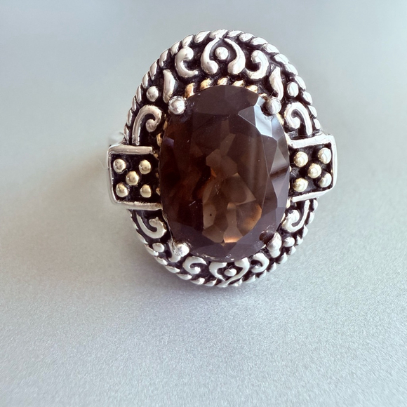 Smoky Topaz Two Tone Sterling Silver Dotted Filigree CJ JC Designer Ring - Picture 1 of 14